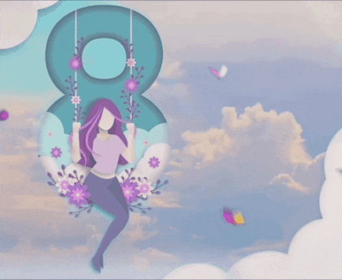 a happy international women 's day card with a woman on a swing