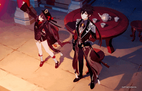 a couple of anime characters standing next to each other with gifgenshin written on the bottom left