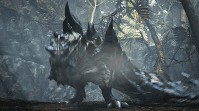 a large monster with horns is walking through a forest