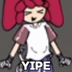 a pixel art of a girl with red hair and the word yipe on the bottom