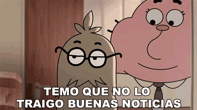 two cartoon characters are standing next to each other with the words " temo que no lo traigo buenas noticias " on the bottom