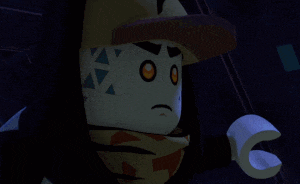 a cartoon character is wearing a hat and scarf and has a triangle tattoo on his face