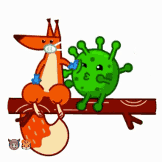 a cartoon fox wearing a mask is sitting on a branch next to a green virus .