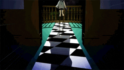 a person walking down a checkered hallway with a balcony in the background