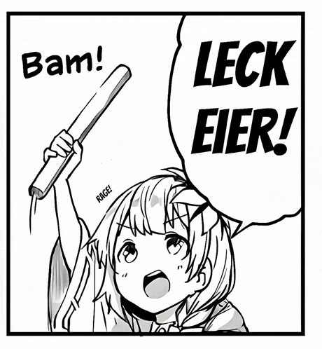 a black and white drawing of a girl holding a stick with a speech bubble that says ' bam ! '