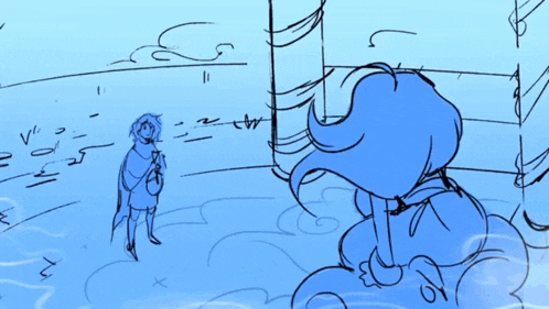 a drawing of a person standing next to a giant blue monster