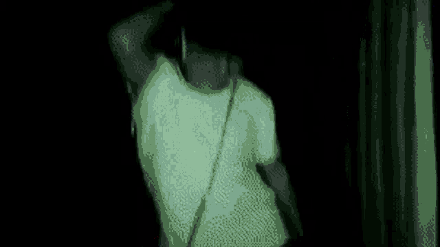 a person is standing in a dark room with a green light shining on them .