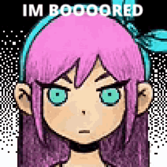 a pixel art of a girl with purple hair and green eyes .