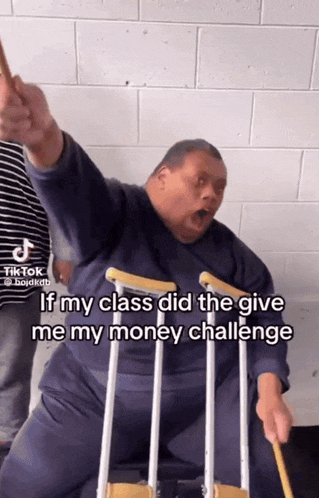 a man with crutches is giving a thumbs up in a tiktok video