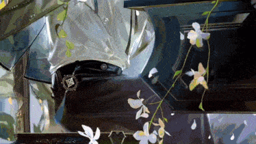 a close up of a person 's pants with flowers on them
