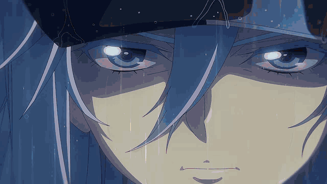 a close up of a person 's face with blue hair and blue eyes
