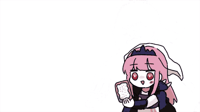 a man with pink hair and glasses is holding a piece of toast that says american taste on it