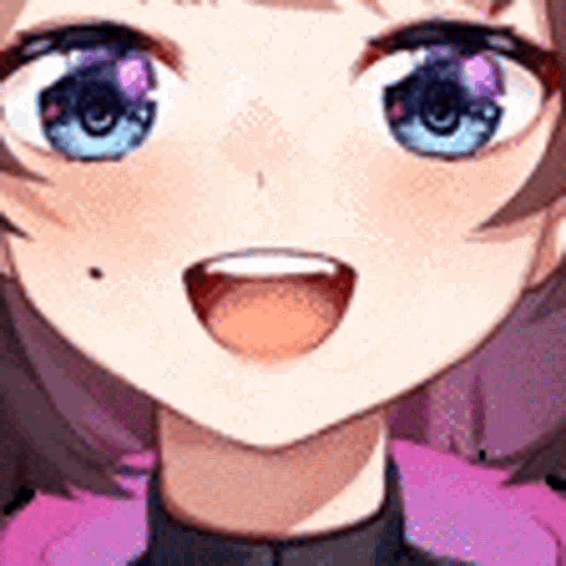 a close up of a anime girl 's face with purple eyes and a pink shirt .