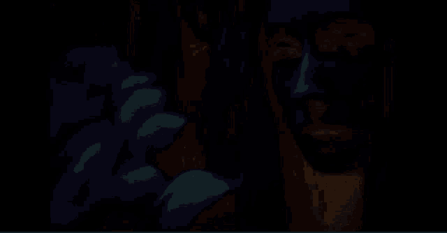 a close up of a woman 's face in a dark room with a flower in the background .