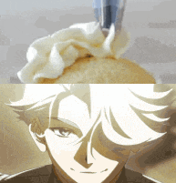 a close up of a cupcake with whipped cream on top and a close up of a man with white hair