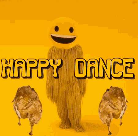 a stuffed animal with a smiley face is jumping in the air with the words happy dance below it