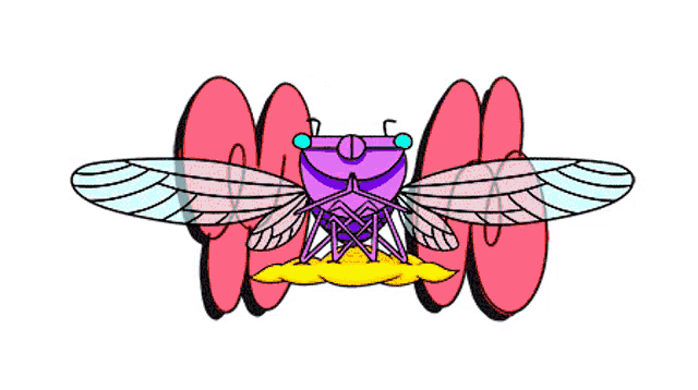 a cartoon drawing of a fly with wings and a purple cube in the middle