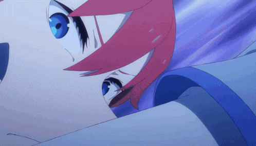 a girl with red hair and blue eyes looks at something