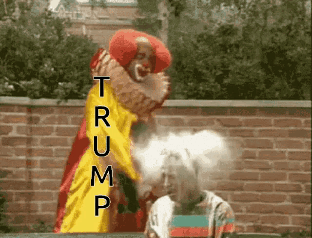a clown is standing next to a woman with the word trump written on the bottom