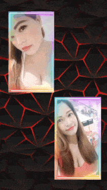 a collage of two pictures of a woman with a rainbow border