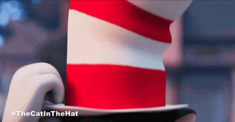 a cartoon cat in a red and white striped hat with #thecatinthehat written below it