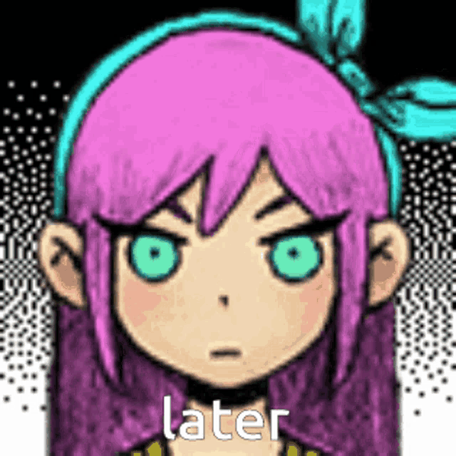 a cartoon girl with pink hair and green eyes is wearing a headband and making a funny face .