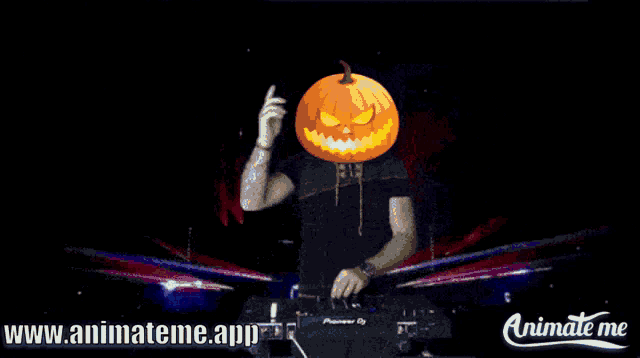 a man with a pumpkin on his head is playing a dj set