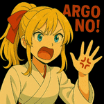 a girl with a ponytail and a red bow on her head says argo no with her hand