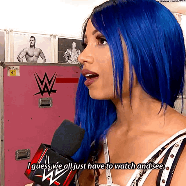 a woman with blue hair is talking into a wrestler 's microphone