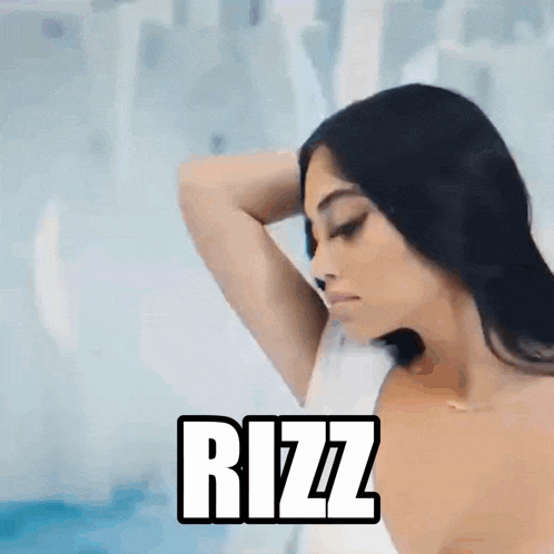 a woman is standing in front of a window with her hand on her head and the word rizz on the bottom of the image .