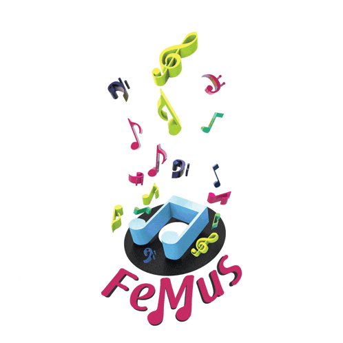 a logo for femus with music notes falling from the top