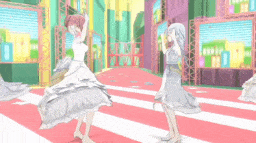 two anime girls in white dresses are dancing on a red and white carpet .