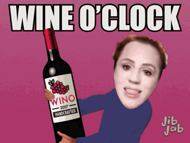 a cartoon of a woman holding a bottle of wine with the words wine o ' clock above her