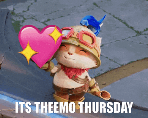 a cartoon character holding a pink heart with the words its theemo thursday below it