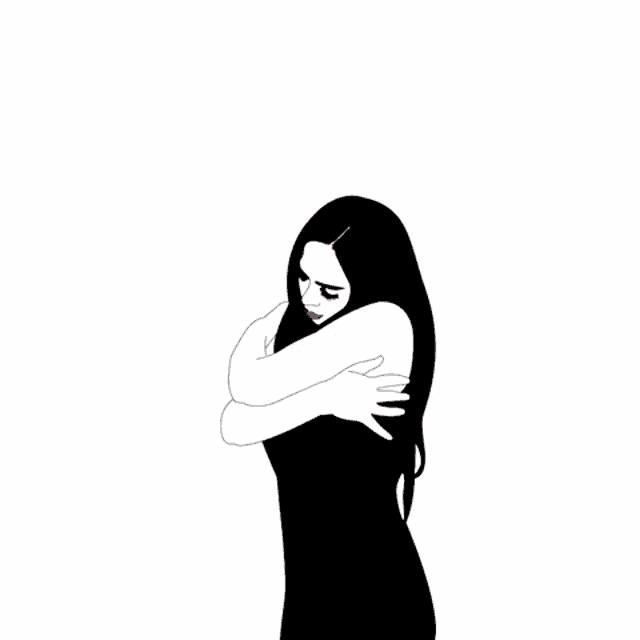 a black and white drawing of a woman hugging another woman