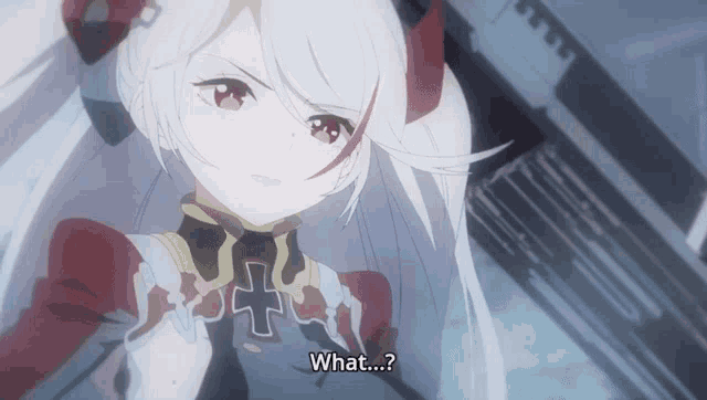 a girl with white hair and a cross on her chest says " what "