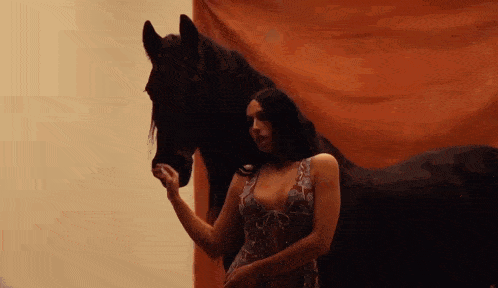 a woman in a dress is standing next to a black horse .