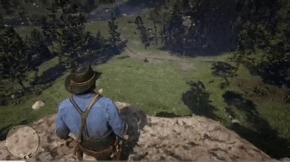 a man in a cowboy hat is standing on top of a rocky hill looking out over a grassy field .