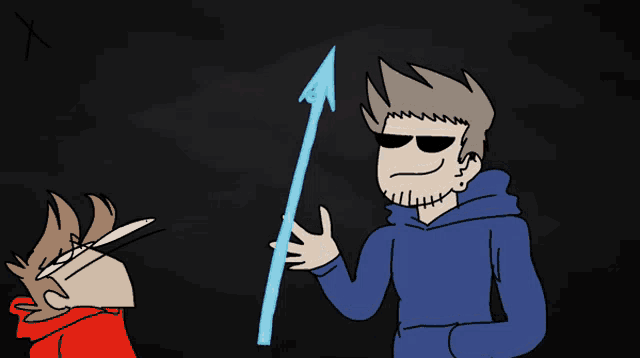 a cartoon drawing of a man holding a blue spear