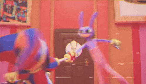 a cartoon character is standing next to another cartoon character in a room holding a sword .