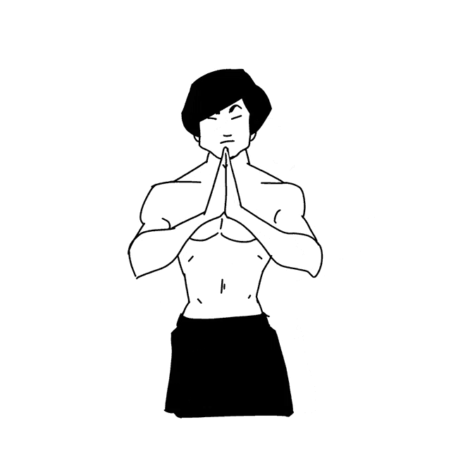 a black and white drawing of a man without a shirt with his arms outstretched
