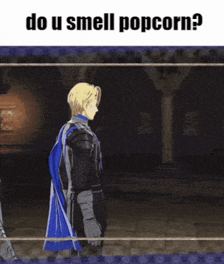 a video game character says " do u smell popcorn " while holding a sword