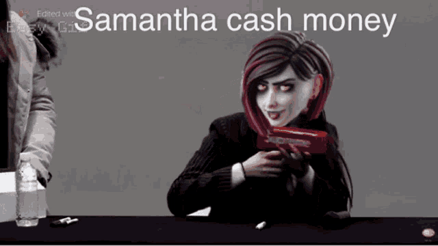 a woman holding a piece of paper with the words samantha cash money written above her