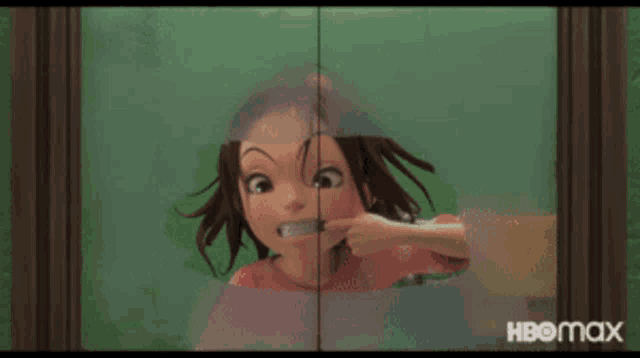 a cartoon girl is brushing her teeth in front of a window with hbomax written on it