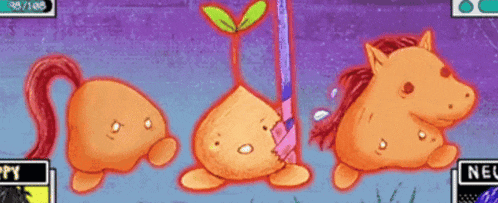 a cartoon drawing of a plant growing out of a potato and a horse