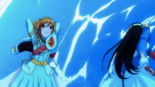 a girl in a white dress is standing next to another girl in a blue outfit