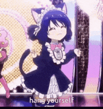 a girl in a maid costume is dancing on a stage and says hang yourself