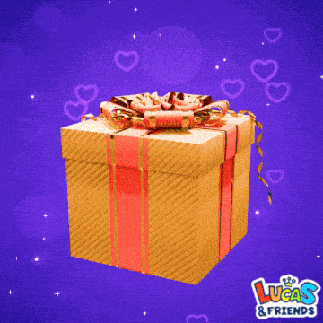 a lucas and friends logo with a gift box in the background
