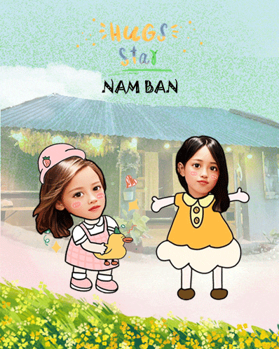 a cartoon of two girls standing next to each other with the words " hugs stay nam ban " on the bottom