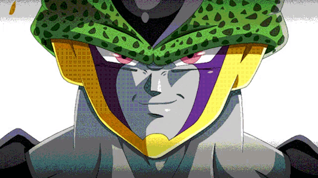 a close up of a cartoon character 's face with a purple and yellow helmet on